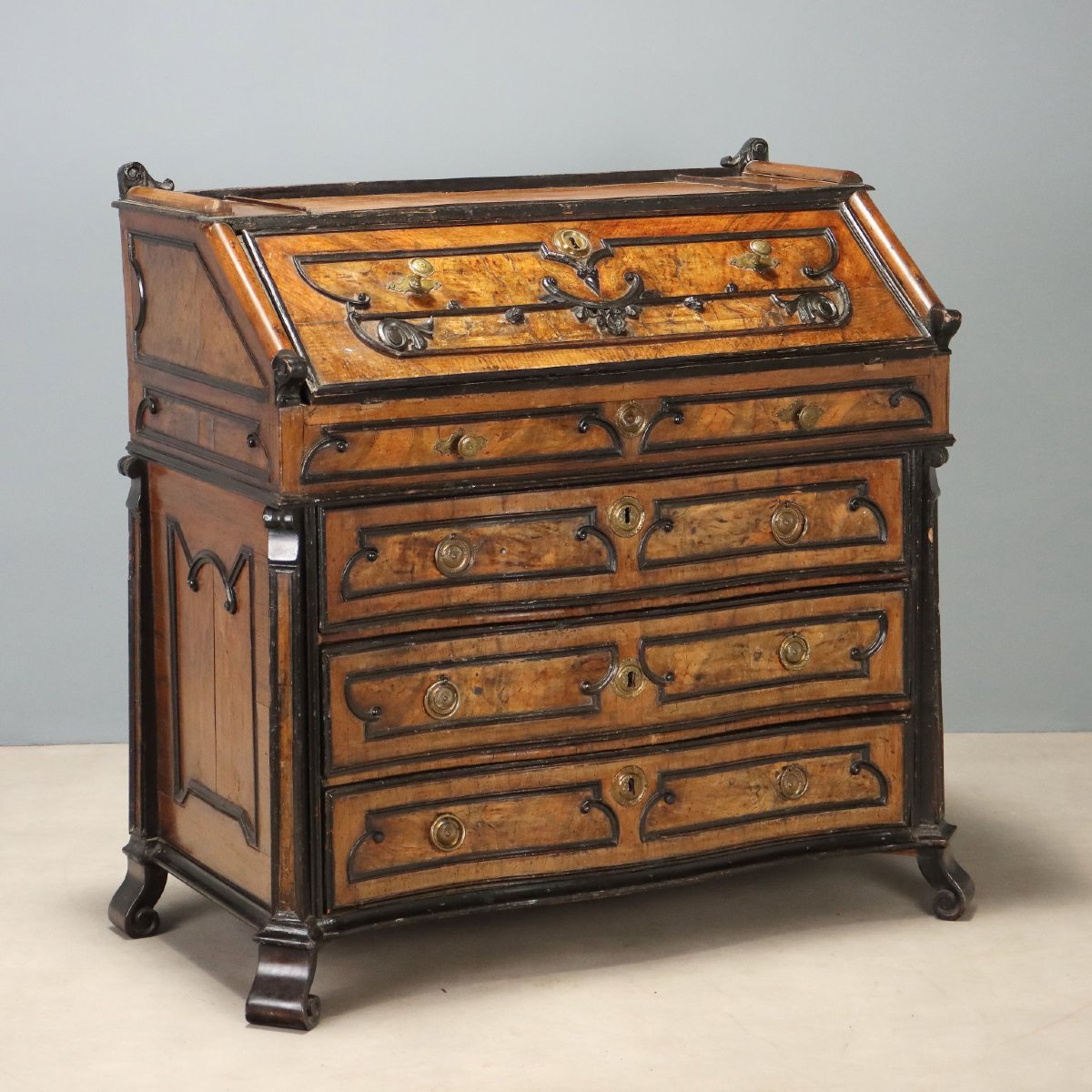 Walnut And Walnut Burl Folding Table With Ebonized Details, Lombardy, Mid-18th Century