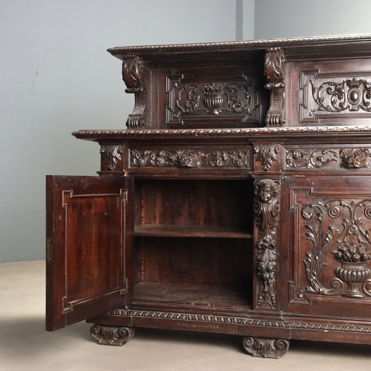 Buffet Néo-Renaissance en Noyer Ébonisé Italie, fin du XIXe siècle-photo-4