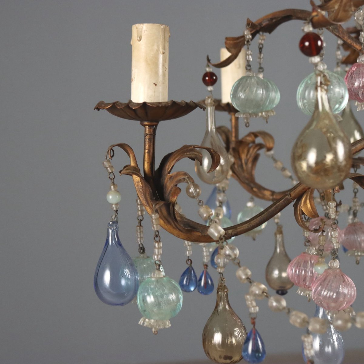 Gilded Iron Chandelier With Polychrome Glass, Italy, Early 20th Century-photo-2
