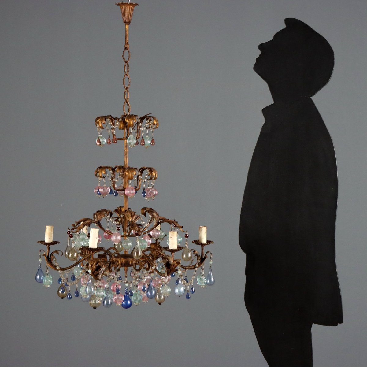 Gilded Iron Chandelier With Polychrome Glass, Italy, Early 20th Century-photo-3