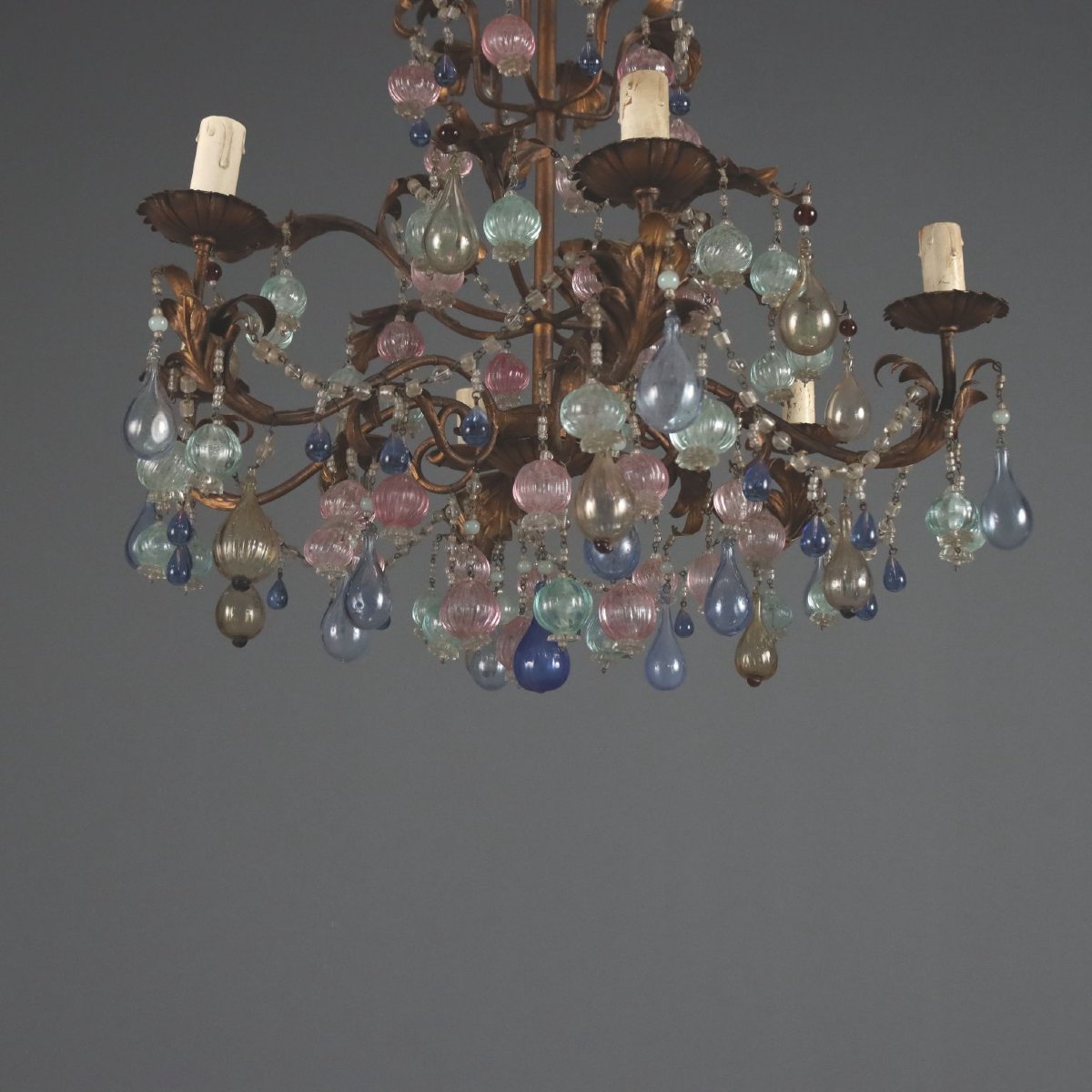 Gilded Iron Chandelier With Polychrome Glass, Italy, Early 20th Century-photo-4