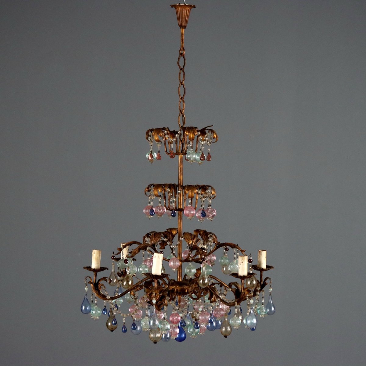 Gilded Iron Chandelier With Polychrome Glass, Italy, Early 20th Century-photo-1