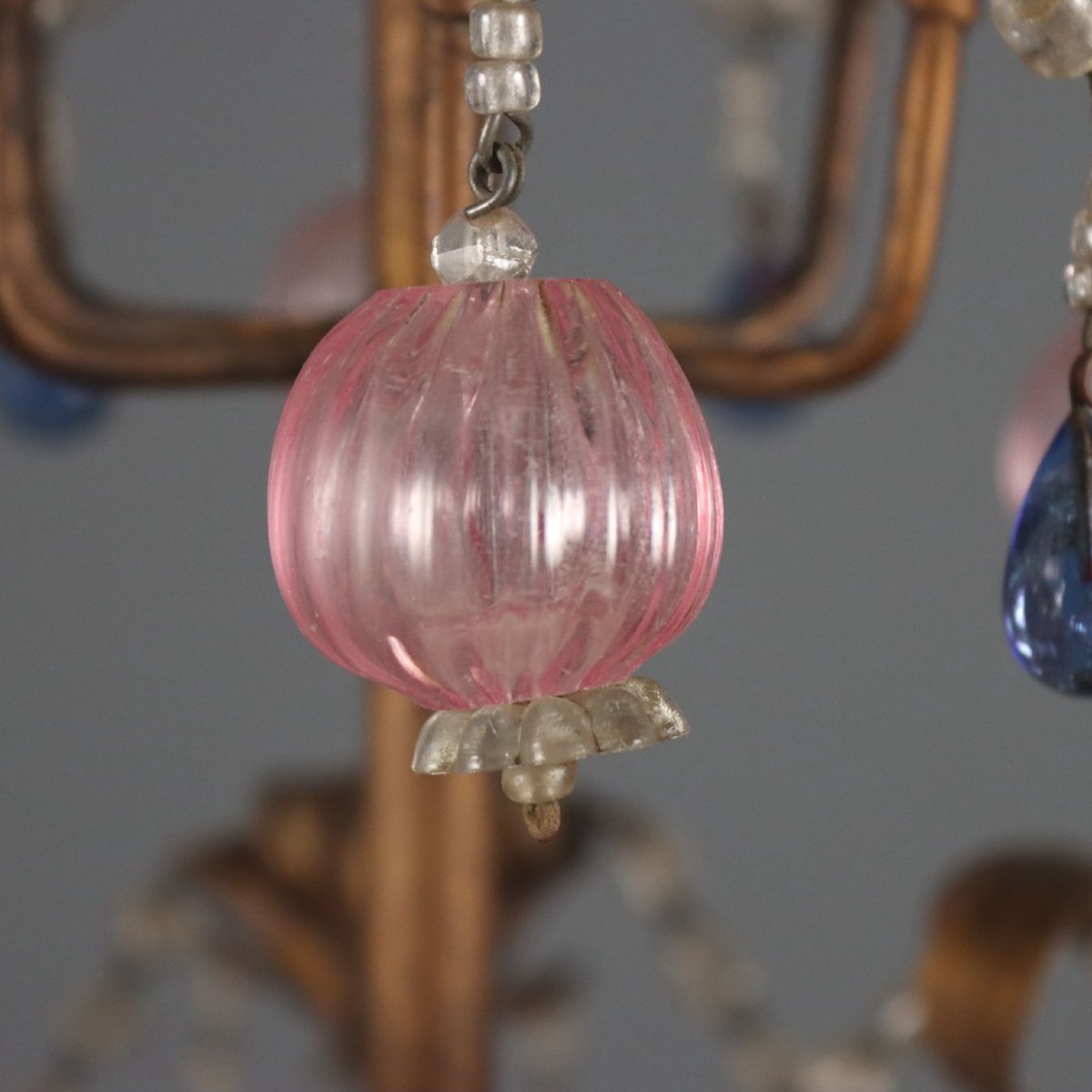 Gilded Iron Chandelier With Polychrome Glass, Italy, Early 20th Century-photo-3