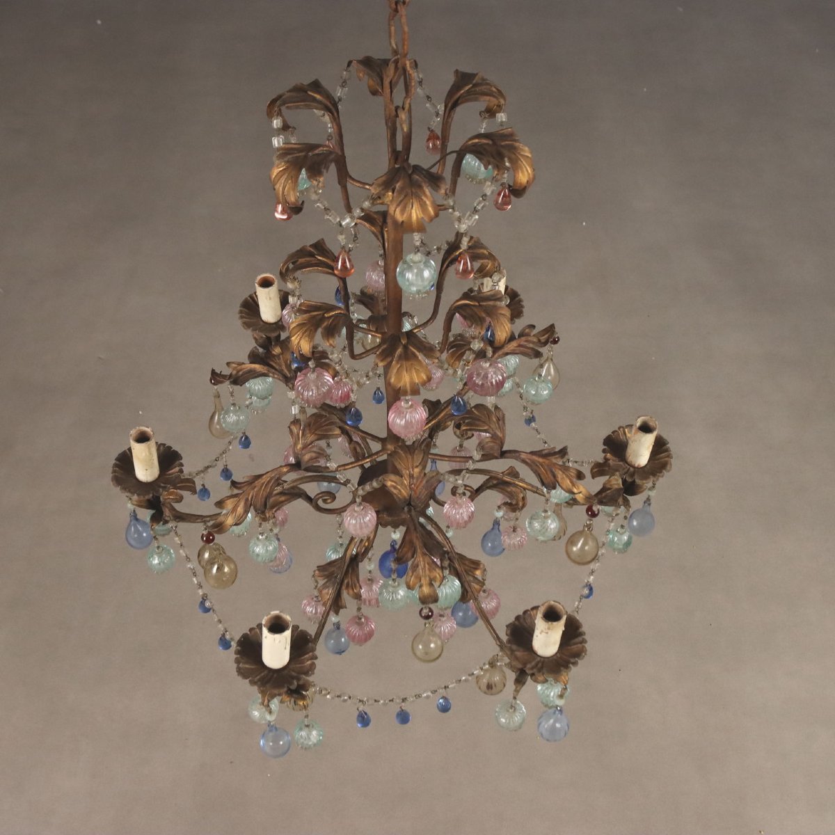Gilded Iron Chandelier With Polychrome Glass, Italy, Early 20th Century-photo-4