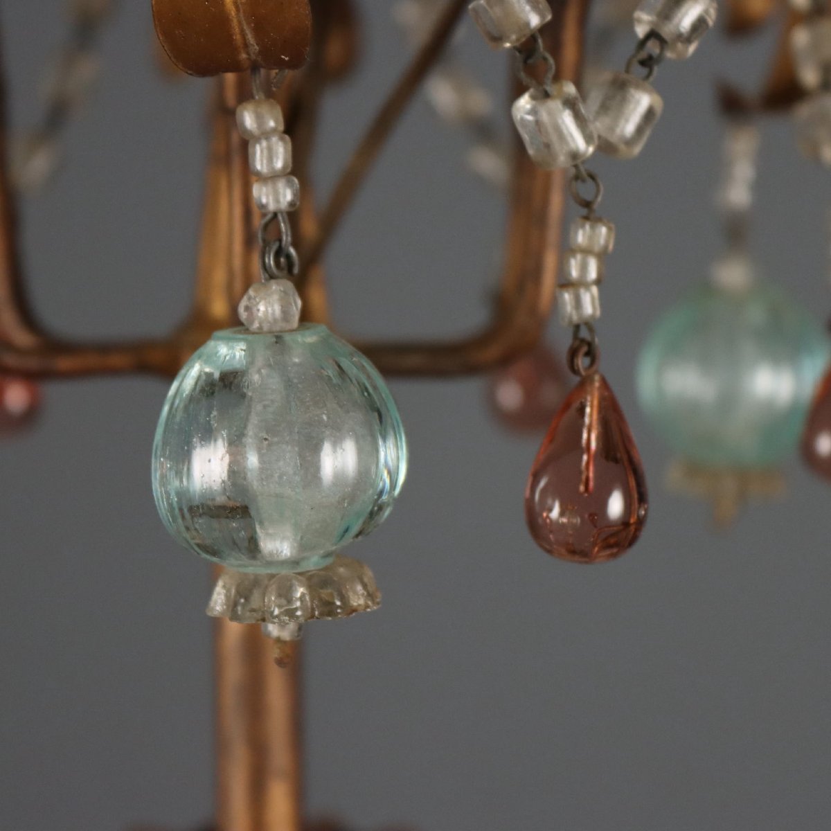 Gilded Iron Chandelier With Polychrome Glass, Italy, Early 20th Century-photo-5