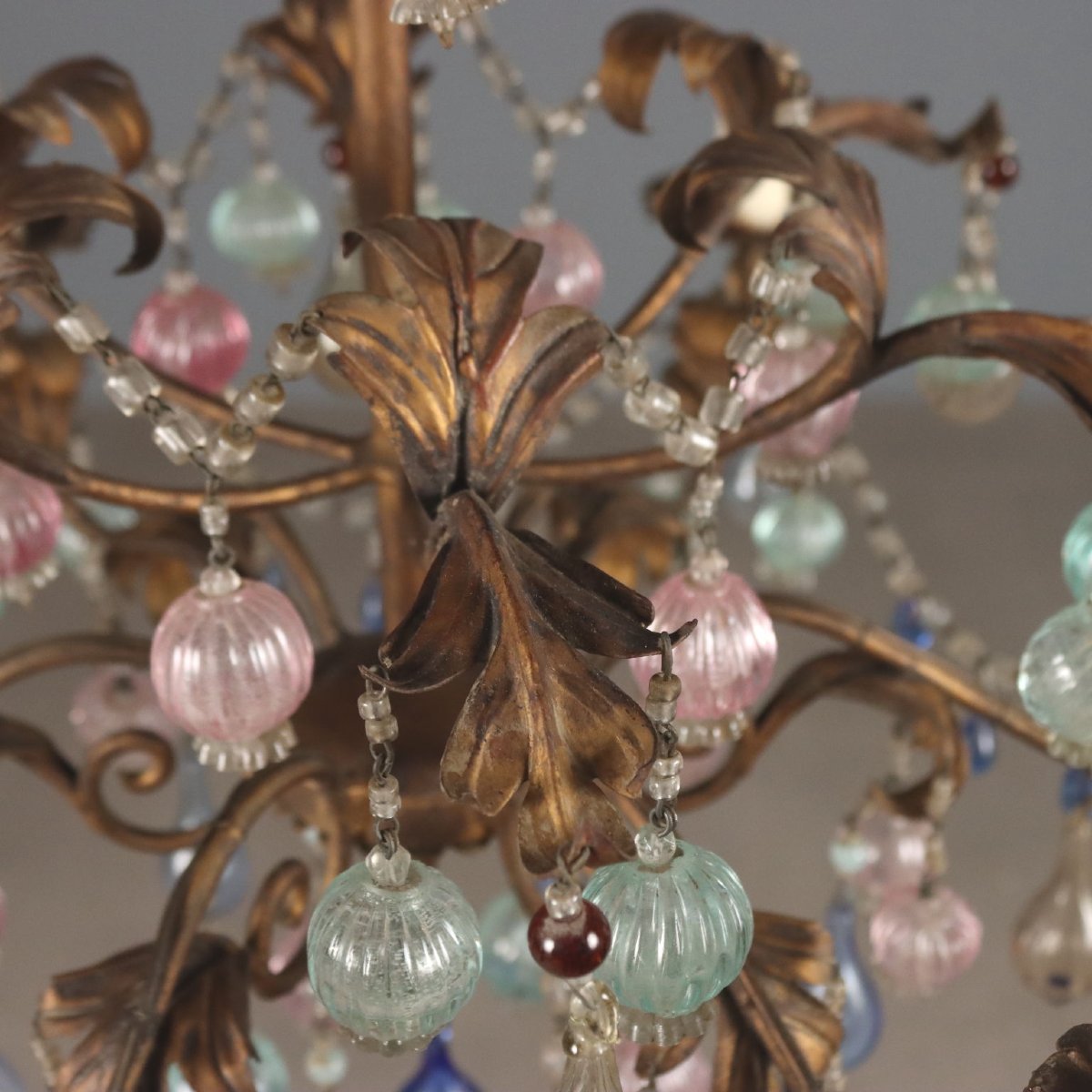 Gilded Iron Chandelier With Polychrome Glass, Italy, Early 20th Century-photo-6