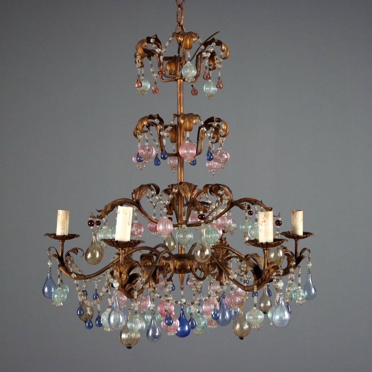 Gilded Iron Chandelier With Polychrome Glass, Italy, Early 20th Century