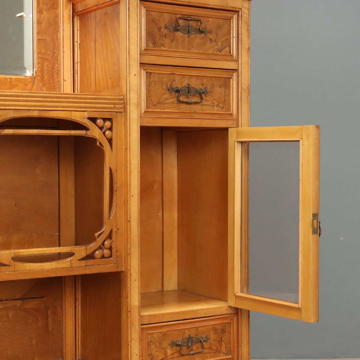 Art Nouveau Sideboard In Ash And Maple With Beveled Mirrors, Italy, Early 20th Century-photo-3