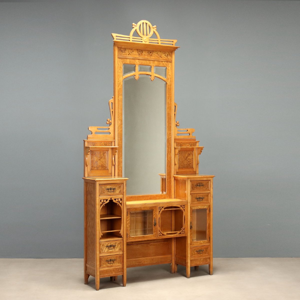 Art Nouveau Sideboard In Ash And Maple With Beveled Mirrors, Italy, Early 20th Century