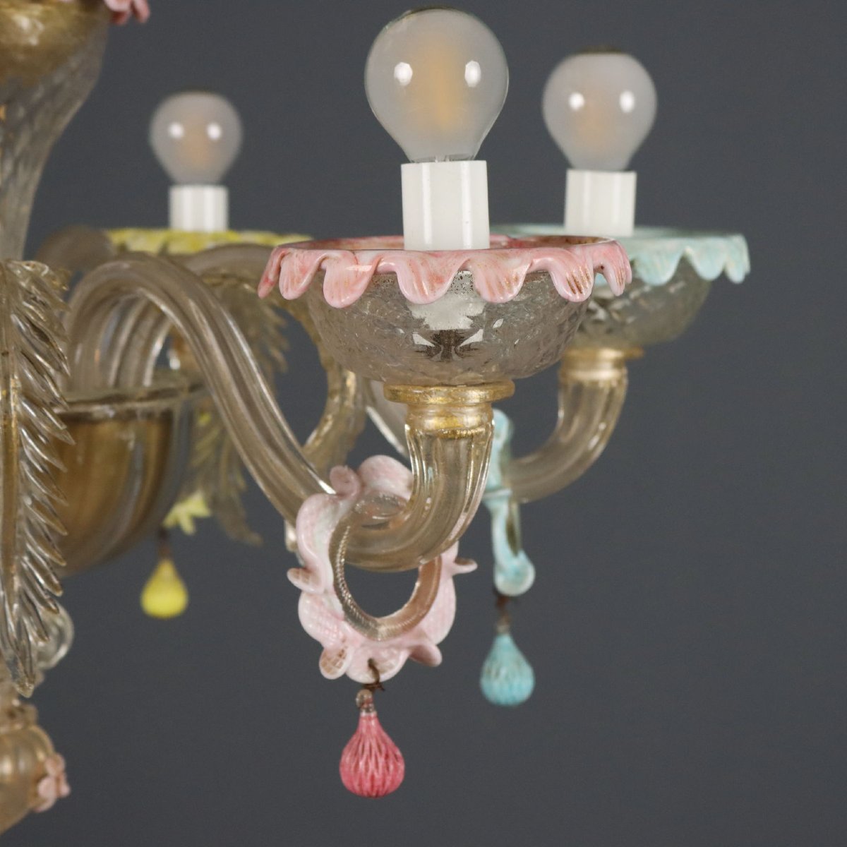 Lustre Vénitien Ancien Verre avec Fleurs Italie du XIXe Siècle-photo-1