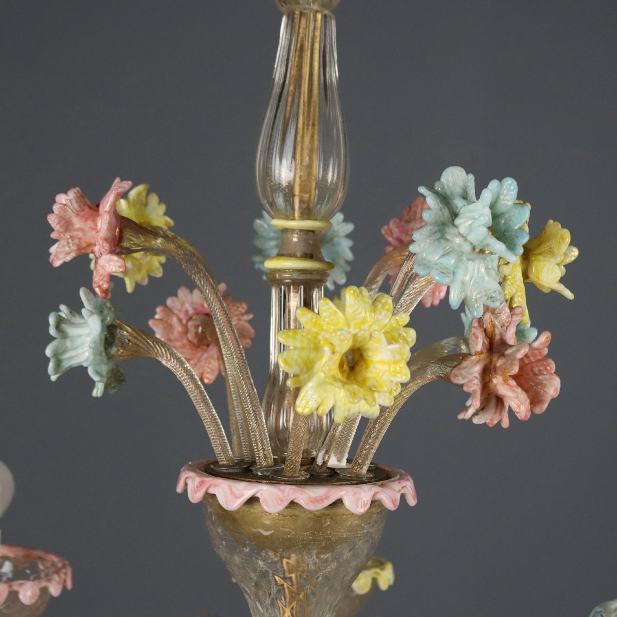 Lustre Vénitien Ancien Verre avec Fleurs Italie du XIXe Siècle-photo-4