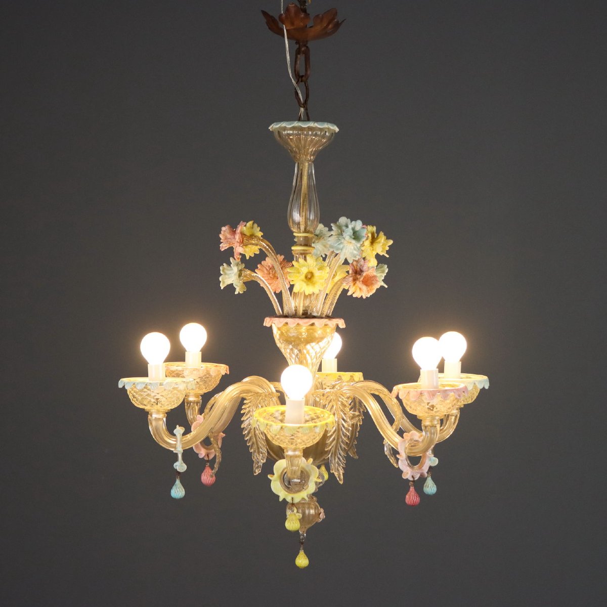 Lustre Vénitien Ancien Verre avec Fleurs Italie du XIXe Siècle-photo-6