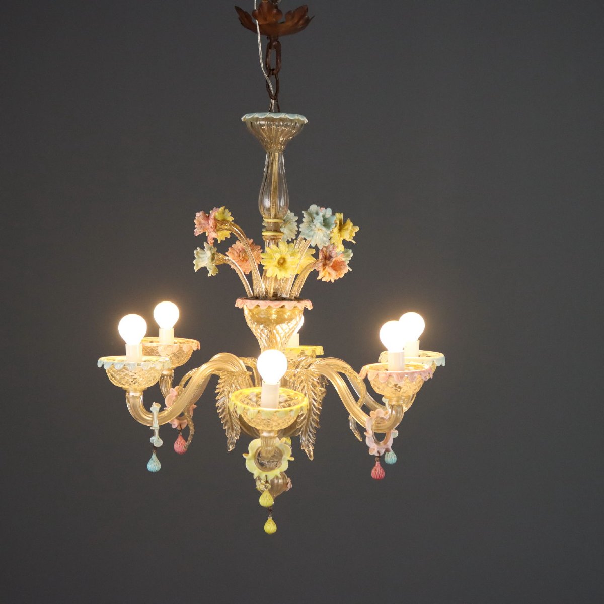 Lustre Vénitien Ancien Verre avec Fleurs Italie du XIXe Siècle-photo-8
