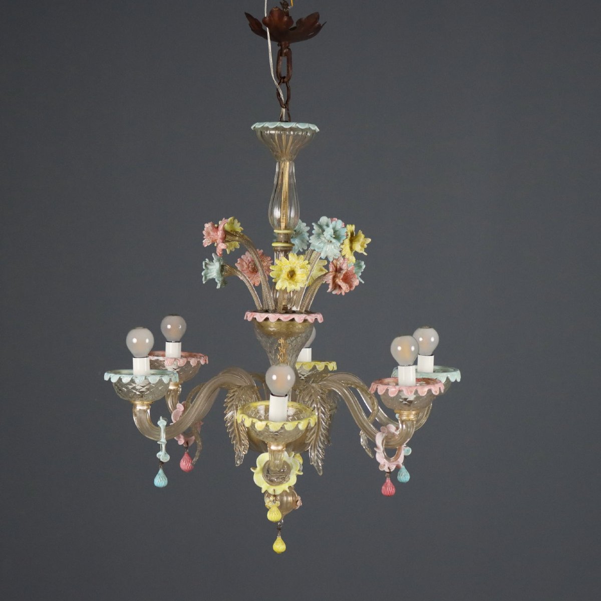 Lustre Vénitien Ancien Verre avec Fleurs Italie du XIXe Siècle