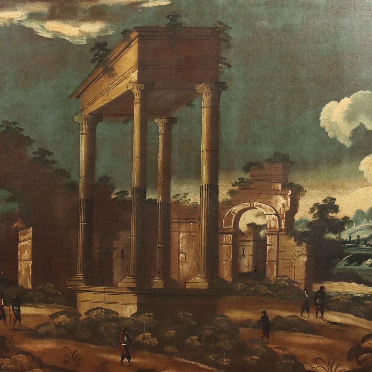 Tableau Ancien Paysage Architecturale Huile sur Toile XVIIIe Siècle Original-photo-3