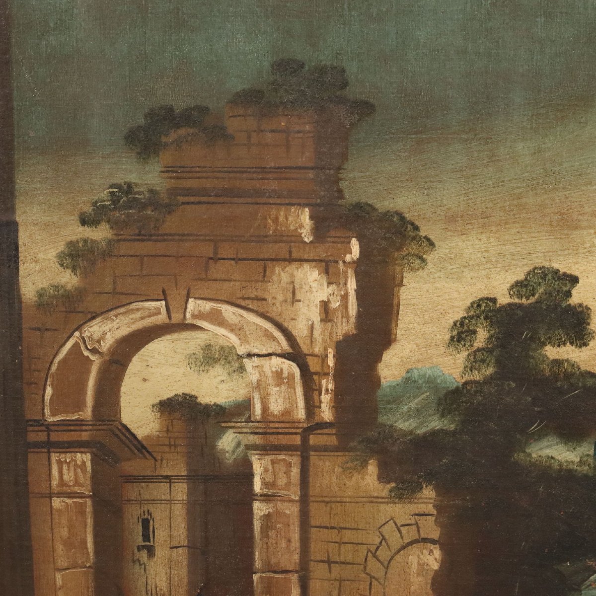 Tableau Ancien Paysage Architecturale Huile sur Toile XVIIIe Siècle Original-photo-4