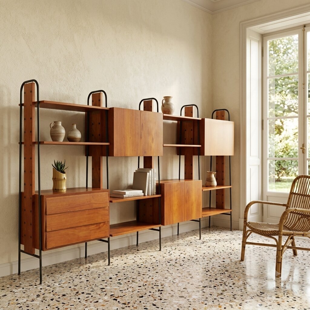 Bibliothèque Vintage Teck Métal Design Italie des Années 1960 Originale-photo-2