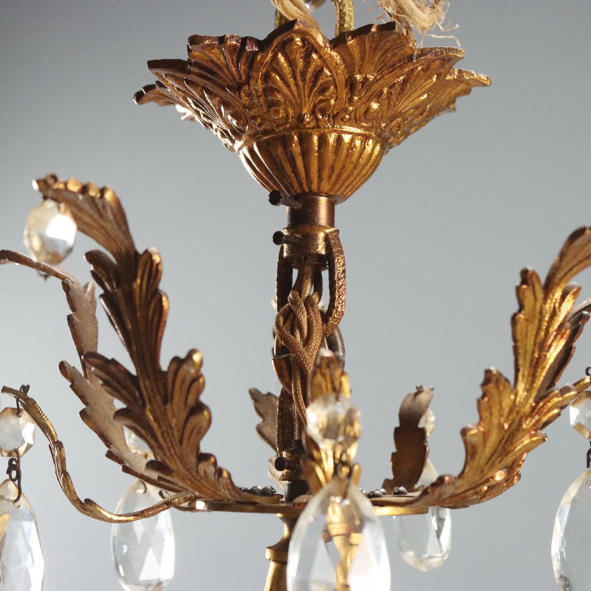 Lustre Ancien Bronze Doré Verre Italie Début du XXe Siècle-photo-4