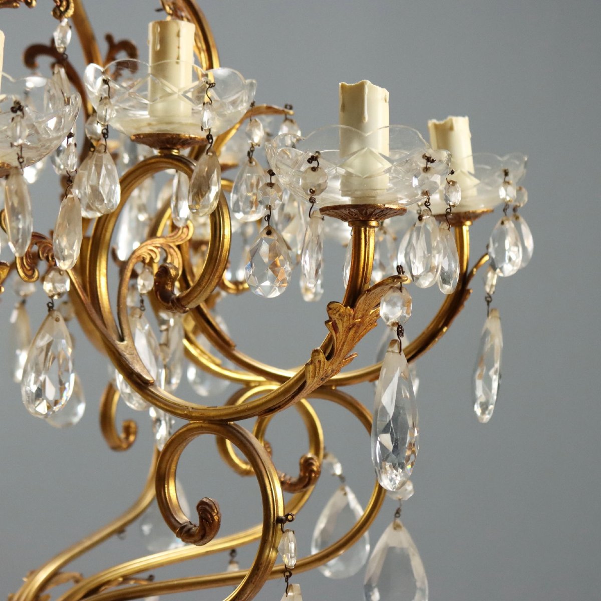 Lustre Ancien Bronze Doré Verre Italie Début du XXe Siècle-photo-4