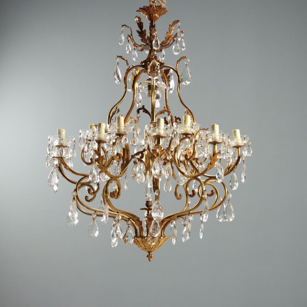 Lustre Ancien Bronze Doré Verre Italie Début du XXe Siècle