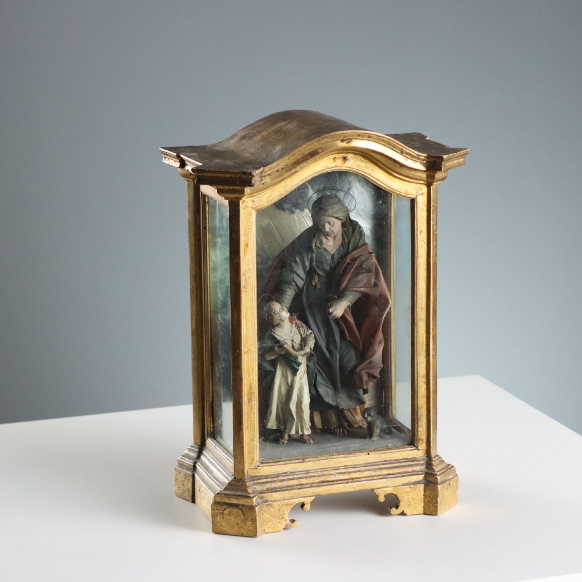 Coffret Ancien avec Sculpture de la Vièrge Marie XIXe Siècle Original