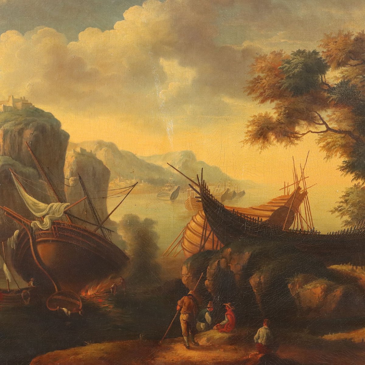 Tableau Ancien Paysage avec Épaves Huile sur Toile XXe Siècle Original-photo-3