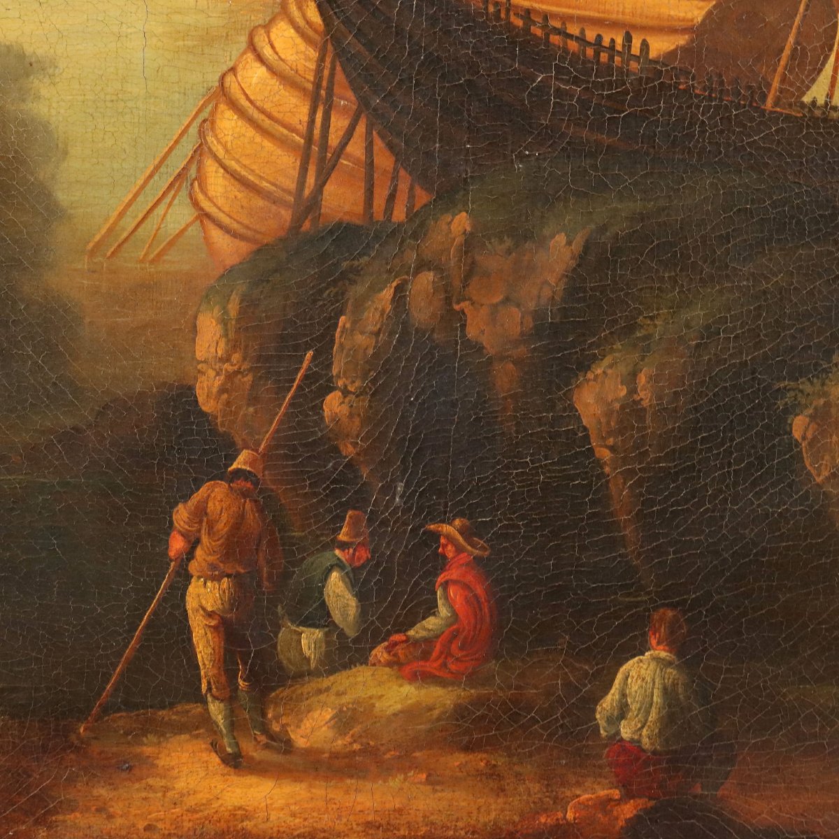 Tableau Ancien Paysage avec Épaves Huile sur Toile XXe Siècle Original-photo-2