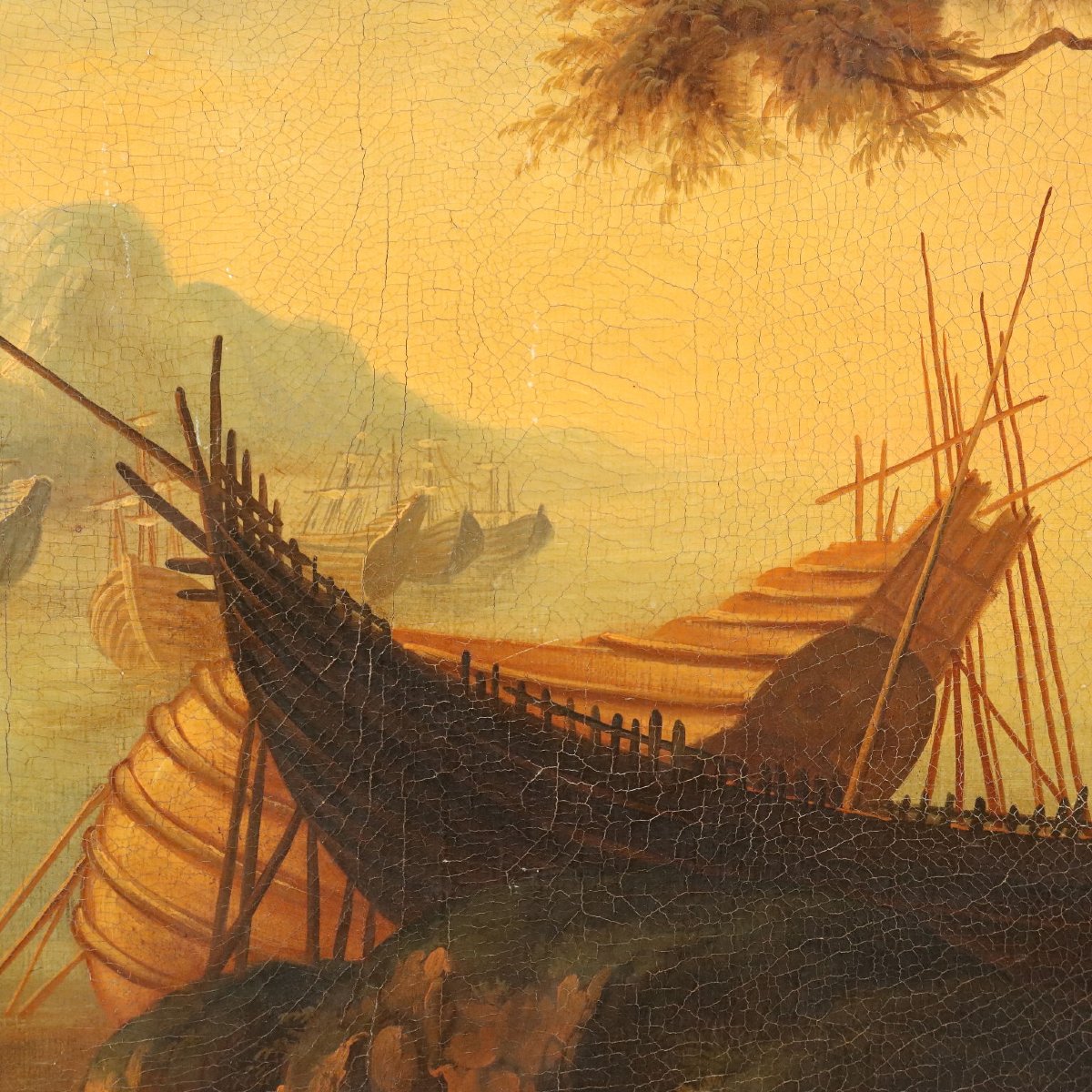 Tableau Ancien Paysage avec Épaves Huile sur Toile XXe Siècle Original-photo-3