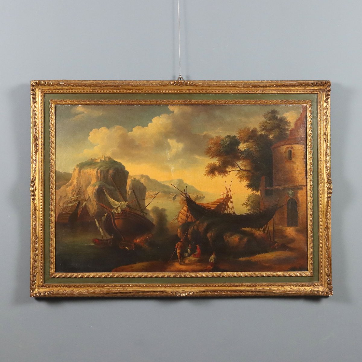 Tableau Ancien Paysage avec Épaves Huile sur Toile XXe Siècle Original