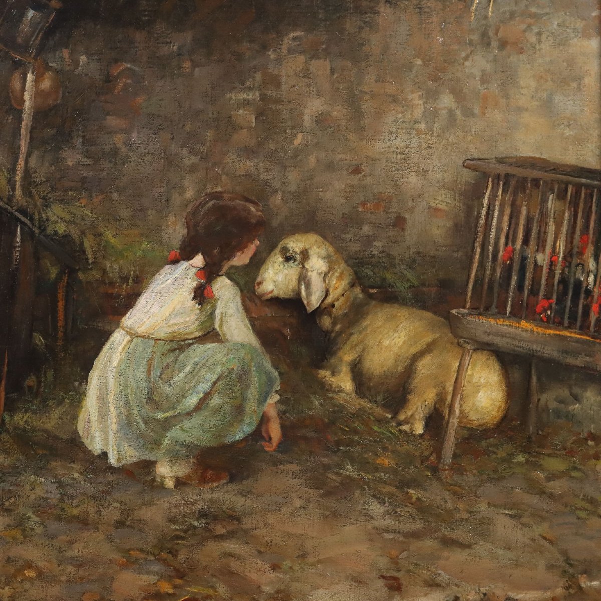 Modern Painting Signed Cesare Laurenti The Little Girl And The Sheep '900-photo-3