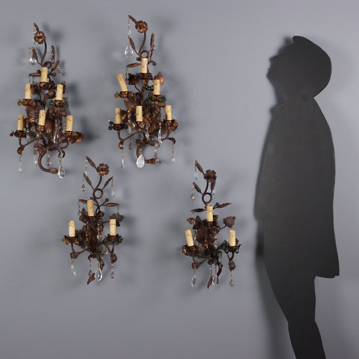 Antique Wall Lamps Iron Sheeth Metal Glass Italy XIX Century Originals-photo-2