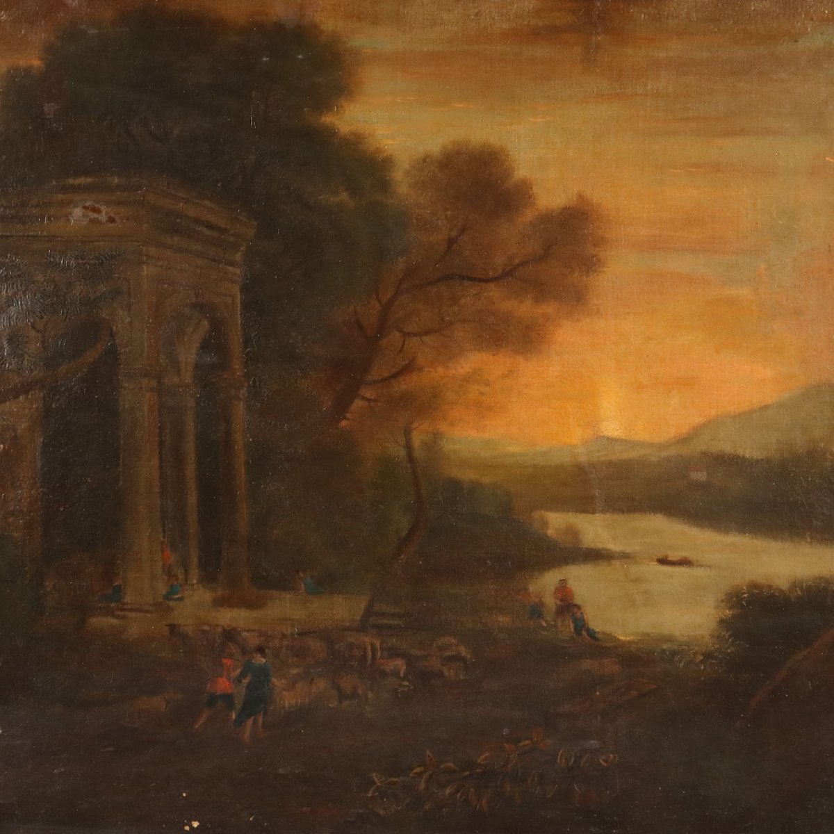 Antique Painting Landscape With Architecture Oil On Canvas XVIII Century-photo-3