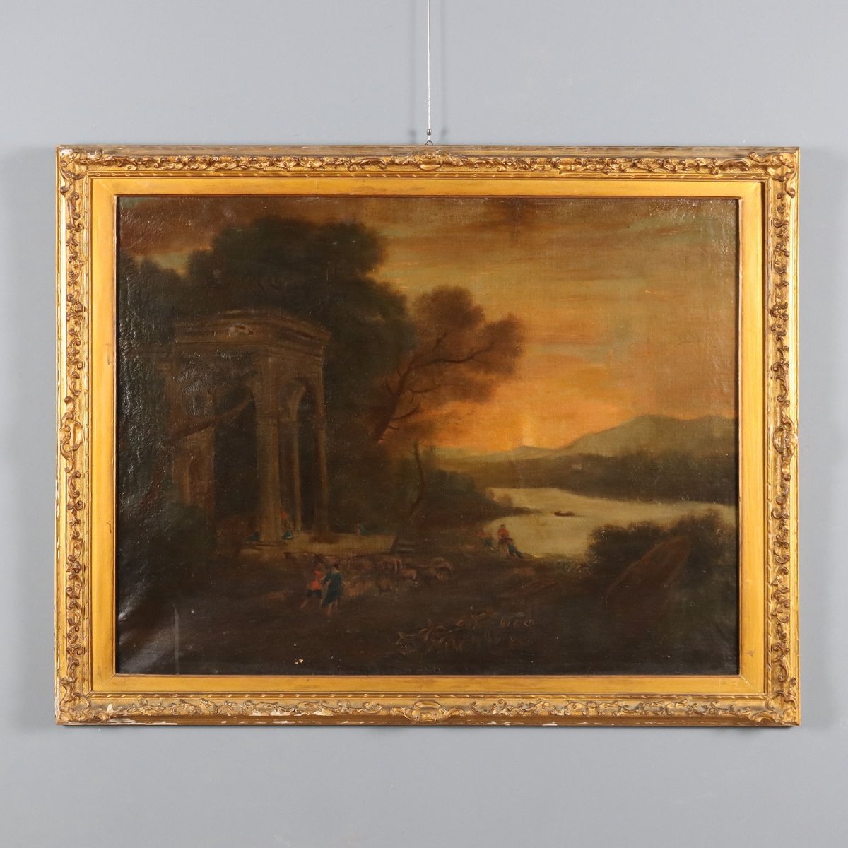 Antique Painting Landscape With Architecture Oil On Canvas XVIII Century