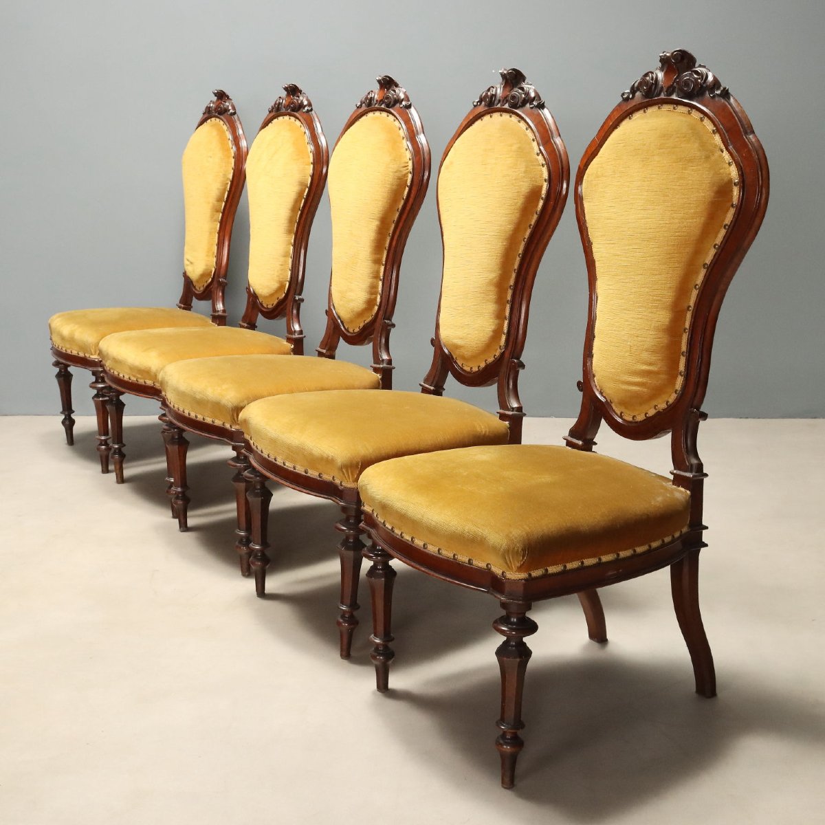 Chaises Umbertines Anciennes Noyer Gravé Italie XIXe Siècle -photo-3