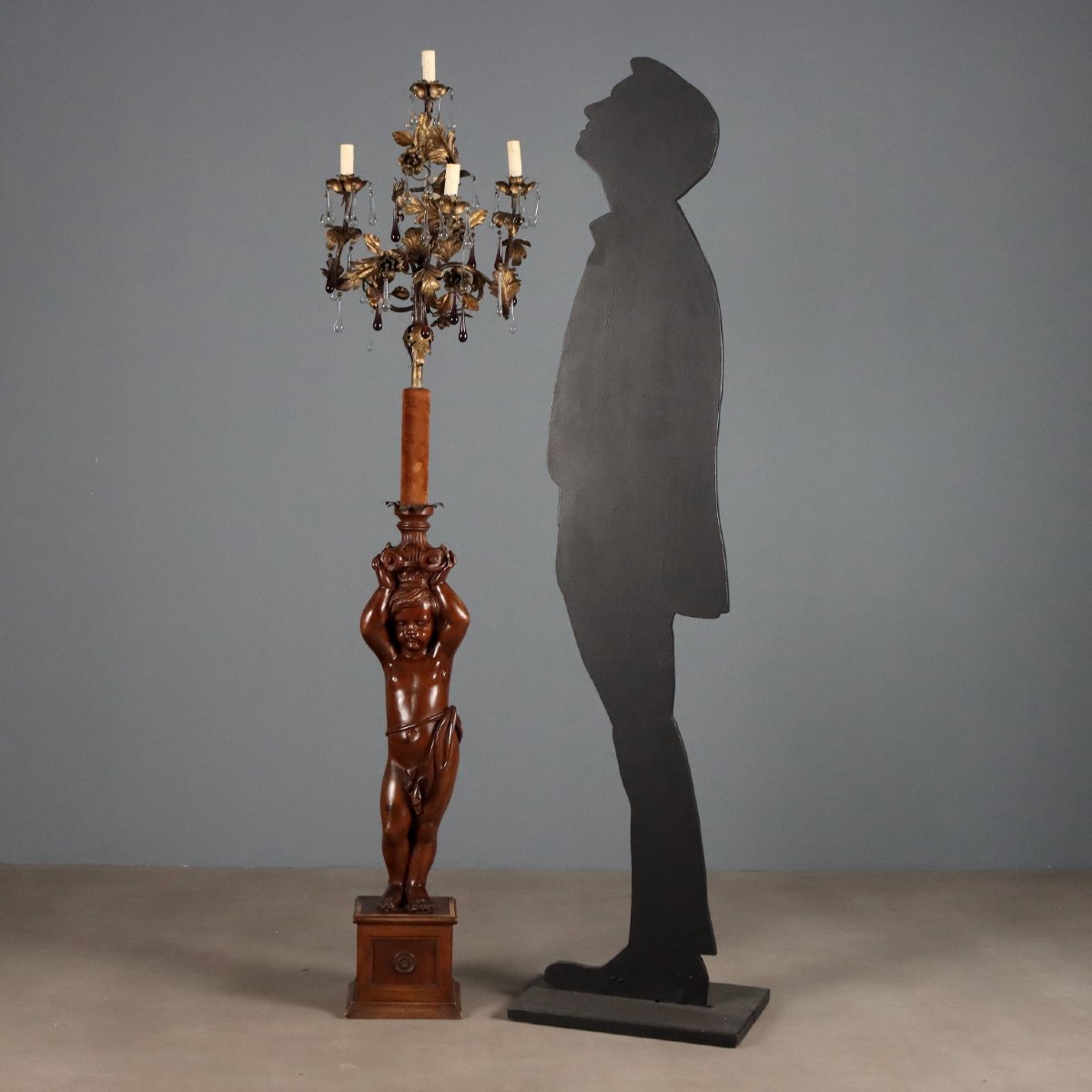 Wooden Floor Lamp With Putto - Italy, 19th Century-photo-2