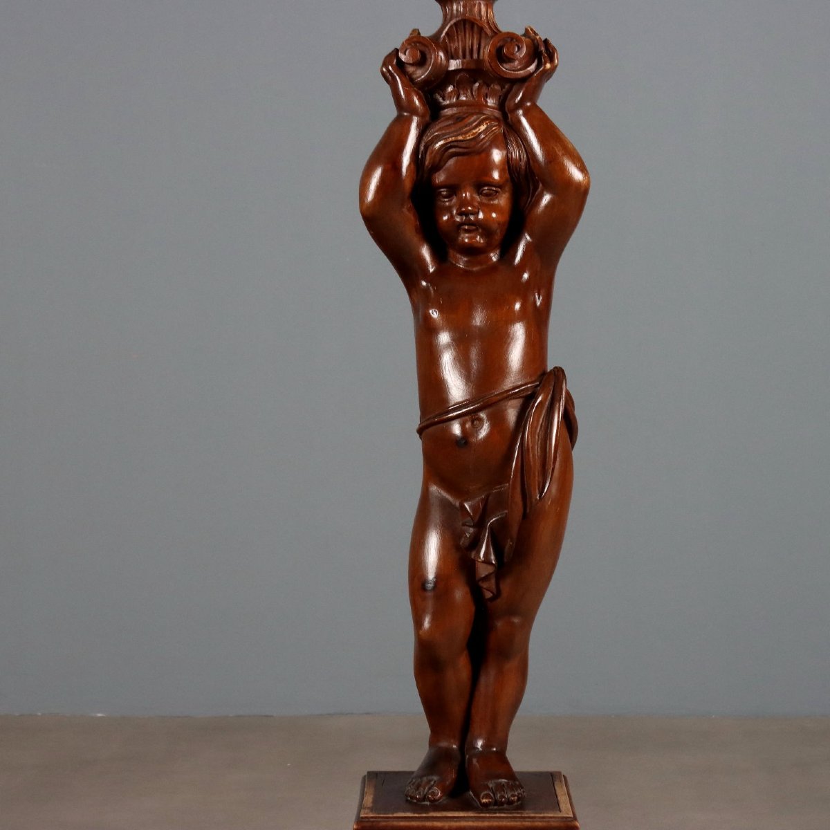 Wooden Floor Lamp With Putto - Italy, 19th Century-photo-4