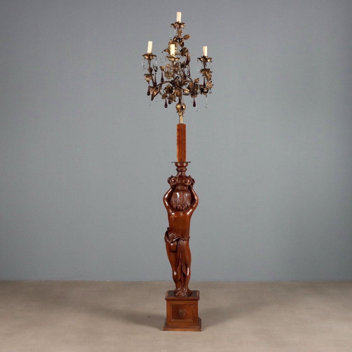 Wooden Floor Lamp With Putto - Italy, 19th Century-photo-6