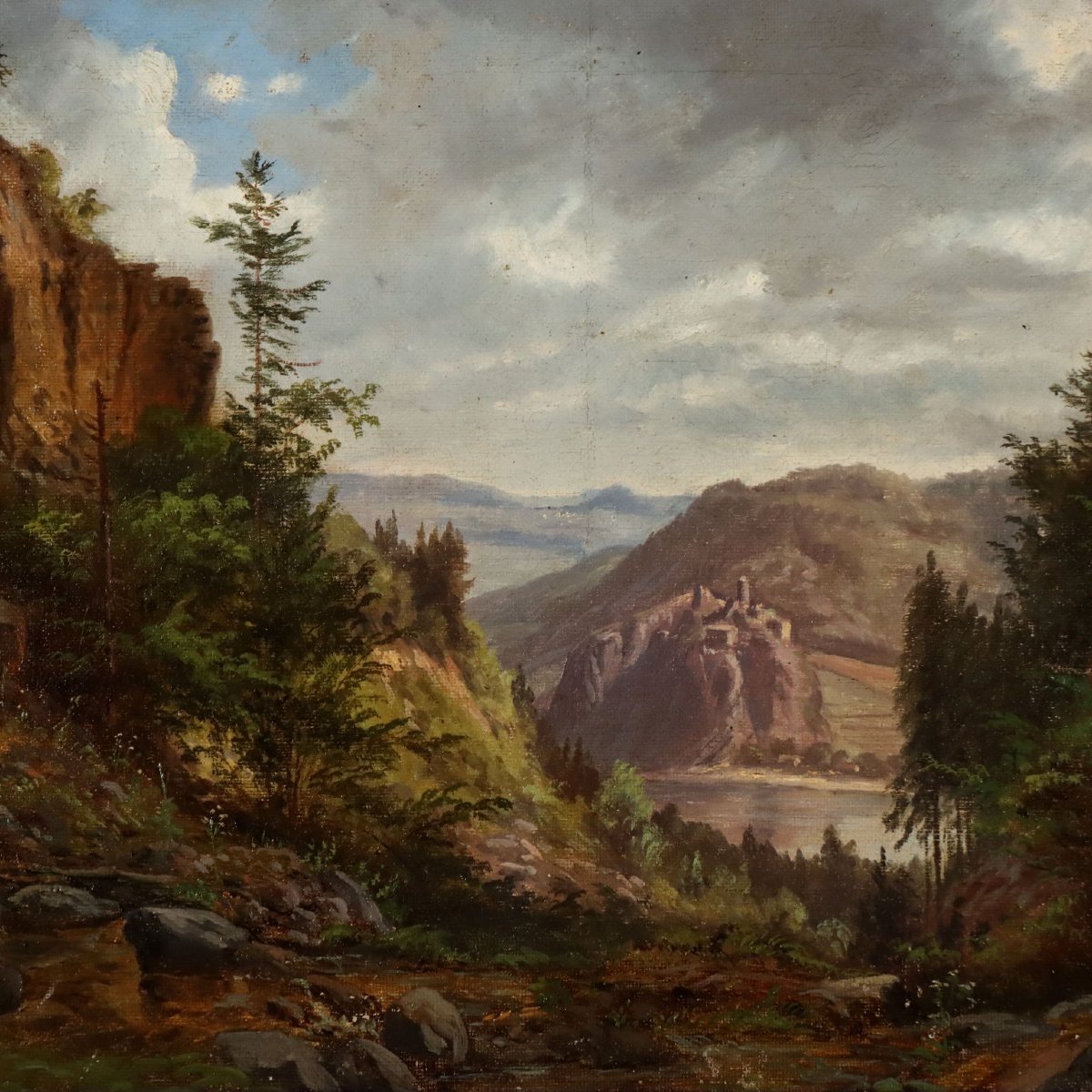Tableau Ancien Signé Ernst Gustav Doerell Paysage de Montagne '800 Original-photo-3
