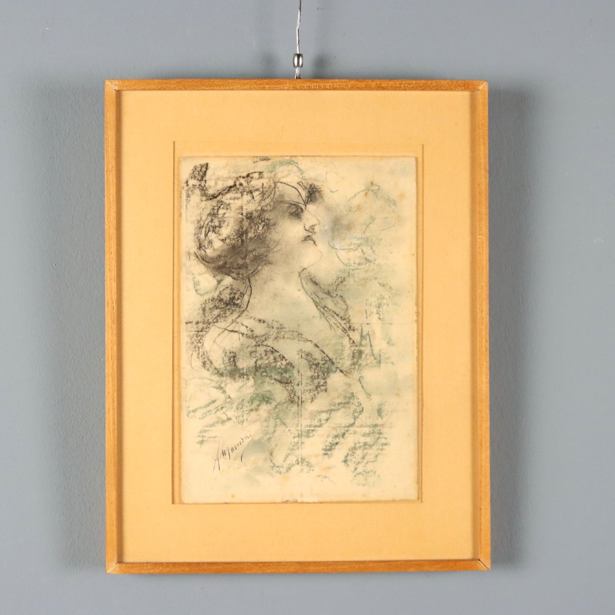 Antique Drawing Signed Antonio Mancini Mixed Technique XIX Century Original