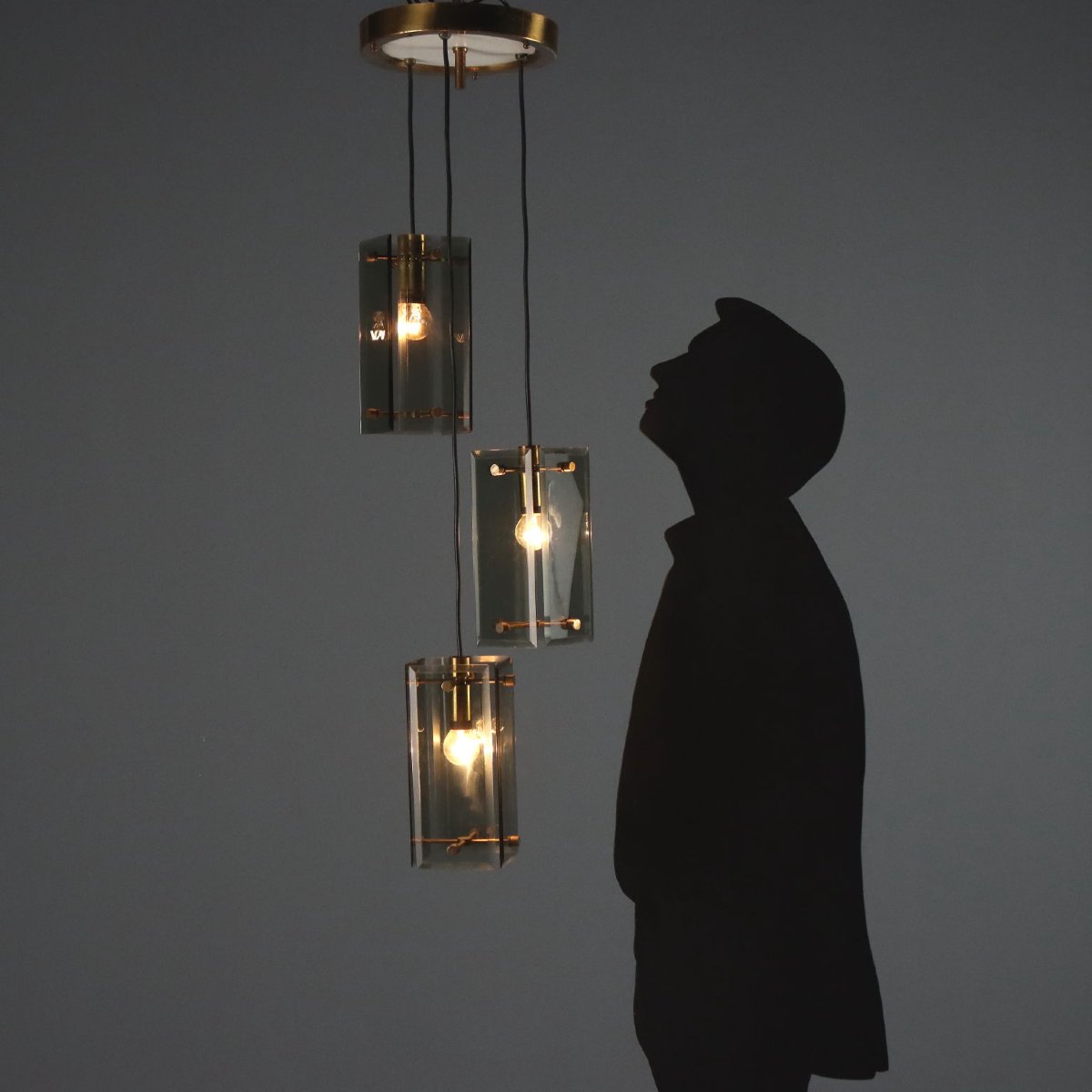 Vintage Ceiling Lamp Brass Smoked Glass Design Italy 1960s Original-photo-2