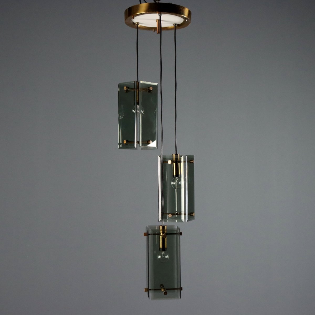 Vintage Ceiling Lamp Brass Smoked Glass Design Italy 1960s Original-photo-1