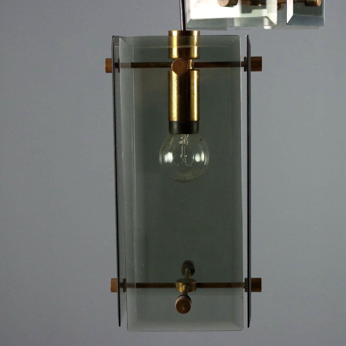 Vintage Ceiling Lamp Brass Smoked Glass Design Italy 1960s Original-photo-2