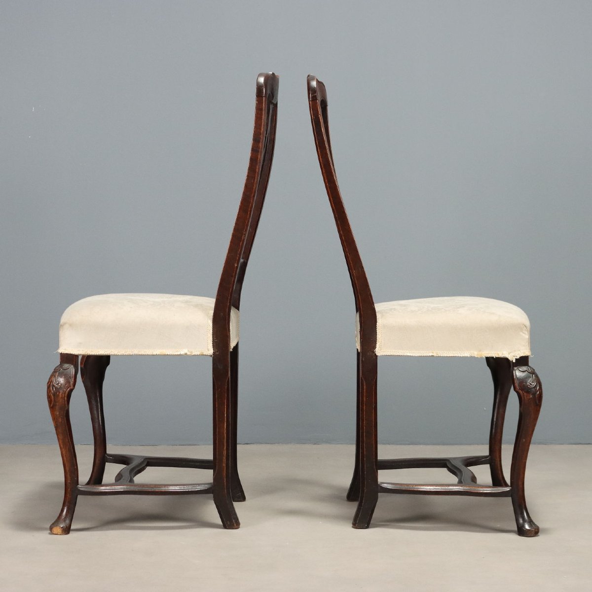 Quatre Chaises Baroques Anciennes Noyer Tissu Italie XVIIIe Siècle-photo-2