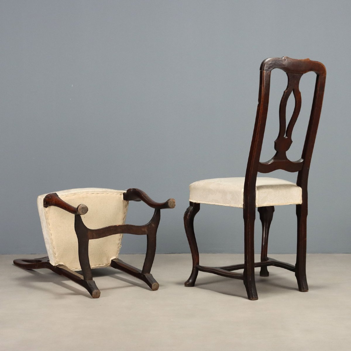 Quatre Chaises Baroques Anciennes Noyer Tissu Italie XVIIIe Siècle-photo-4