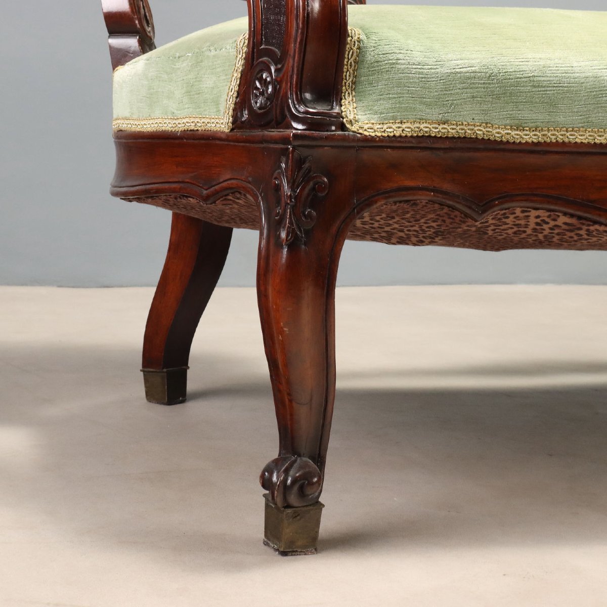Antique Louis Philippe Sofa Carved Walnut Fabric Italy XIX Century Original-photo-3