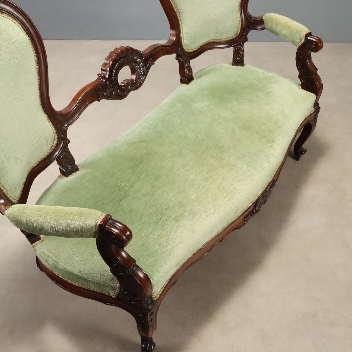 Antique Louis Philippe Sofa Carved Walnut Fabric Italy XIX Century Original-photo-4
