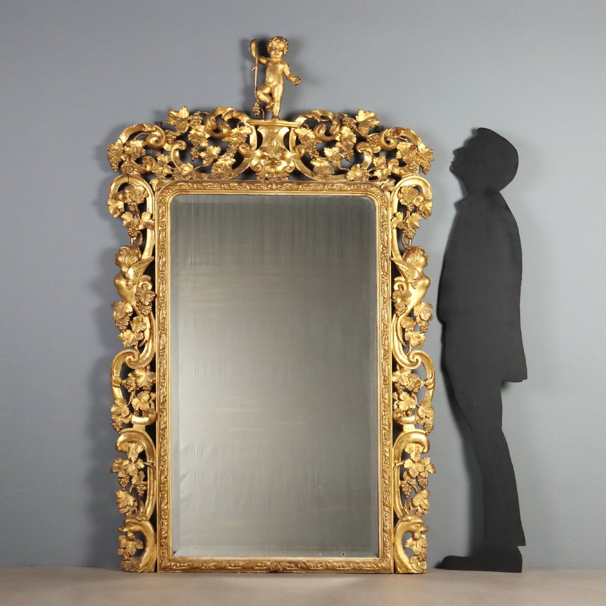 Miroir Baroque Ancien Bois Doré Gravé Italie du XIXe Siècle Original-photo-3