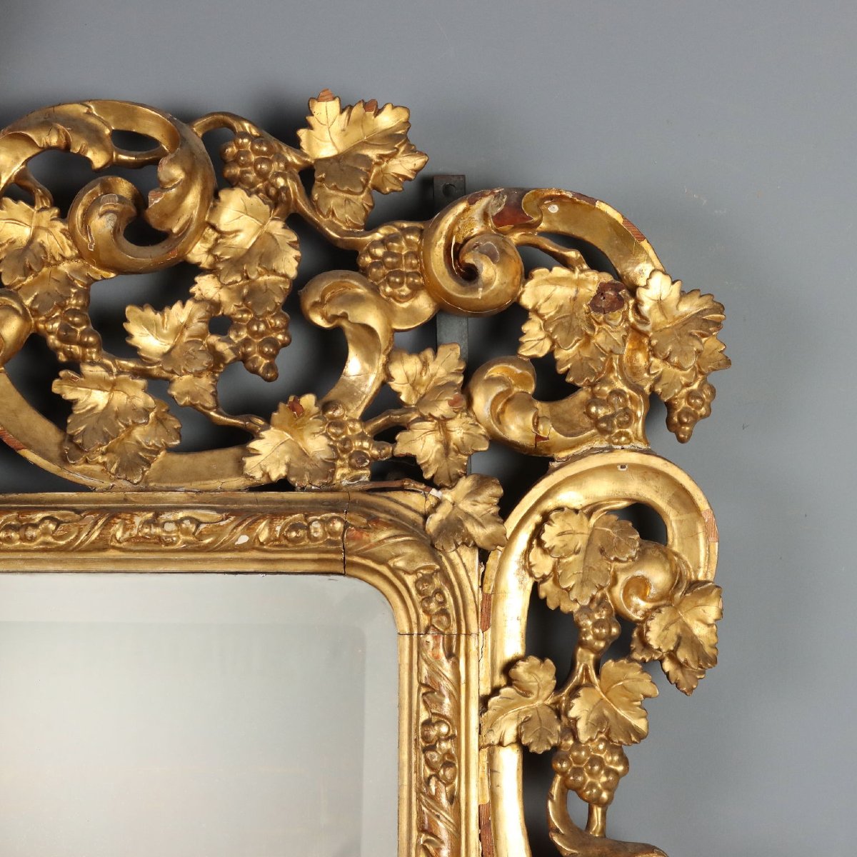 Miroir Baroque Ancien Bois Doré Gravé Italie du XIXe Siècle Original-photo-3