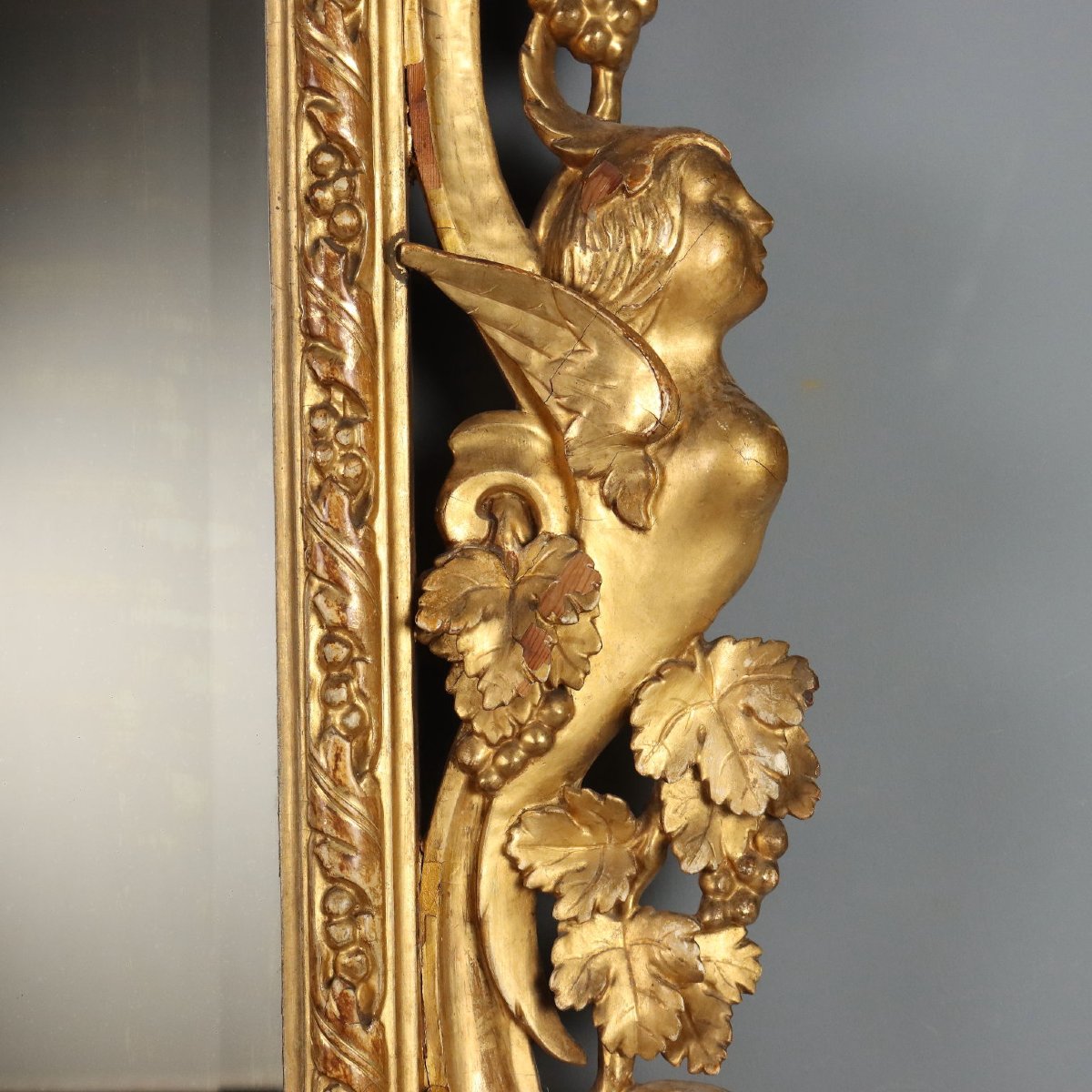 Miroir Baroque Ancien Bois Doré Gravé Italie du XIXe Siècle Original-photo-4
