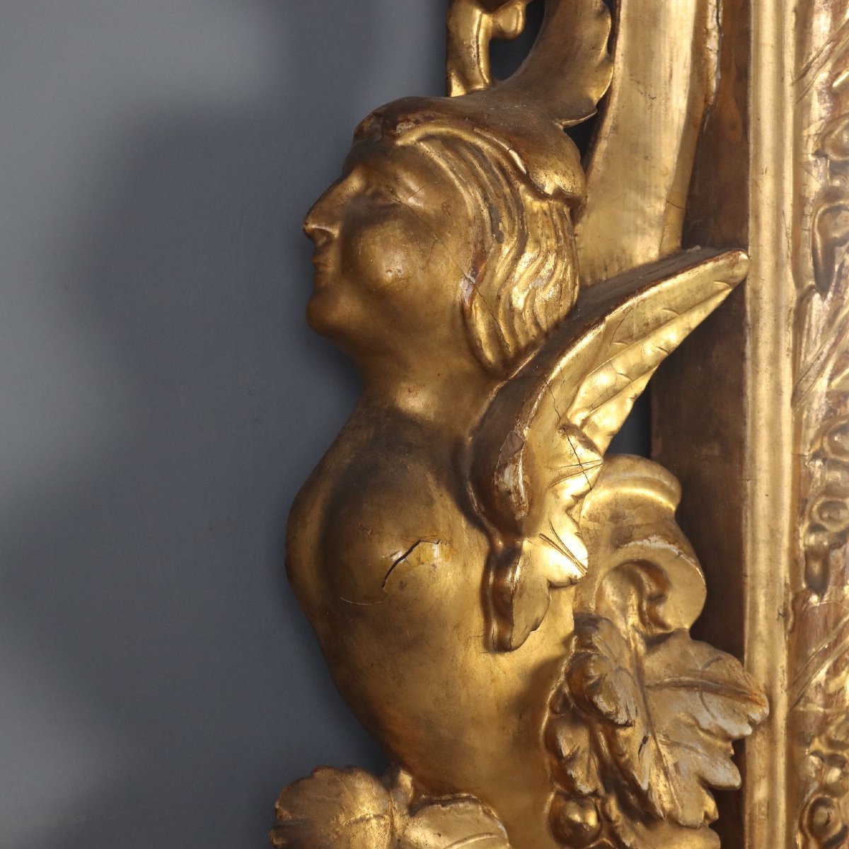 Miroir Baroque Ancien Bois Doré Gravé Italie du XIXe Siècle Original-photo-5
